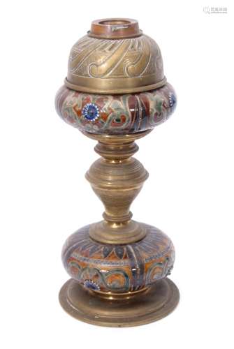 19th century brass oil lamp with pottery reservoir and mount, probably by Lambeth Doulton, with an
