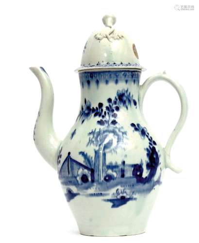 Lowestoft coffee pot and domed cover decorated in underglaze blue with a fence and trees and root