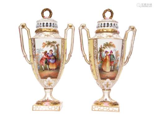 Pair of Continental porcelain vases decorated in Meissen style with figures in a landscape with