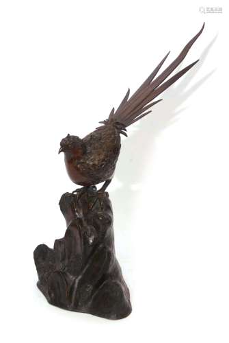 Japanese bronze incense burner, Meiji period, modelled as a pheasant on a rocky outcrop, 36cm high
