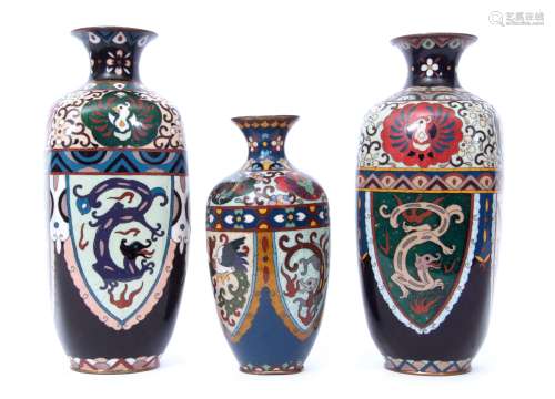 Pair of Japanese cloisonne vases, Meiji period, with enamelled decoration of dragons and birds and a