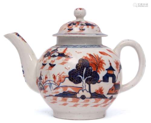 Lowestoft porcelain tea pot and cover circa 1780, decorated in iron red and blue palette with the