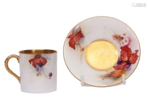 Royal Worcester coffee can and saucer decorated with blackberries and foliage, the can signed by