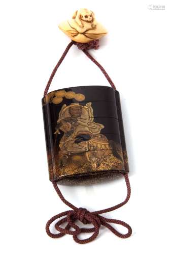 Fine Japanese four-case Inro with ivory netsuke modelled as a monkey on a shell, the case with
