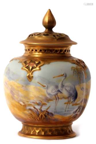 Royal Worcester globular vase with reticulated cover, the vase of lobed shape decorated with a