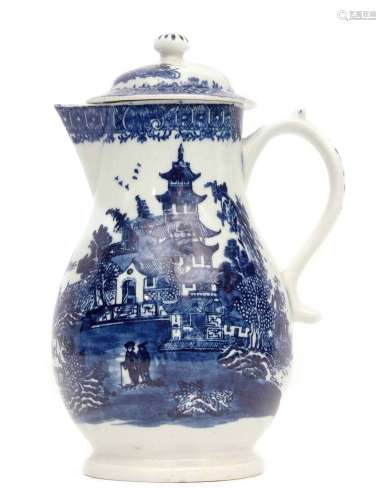 Lowestoft coffee pot and cover, circa 1780, decorated with a printed design of a pagoda and