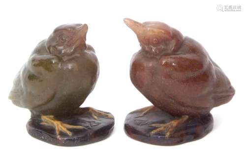 Pair of glass paperweights modelled by Almeric Walter as fledglings seated on flat bases, incised
