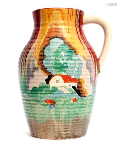 Clarice Cliff Lotus jug, the ribbed body decorated with the Forest Glen pattern, 30cm high