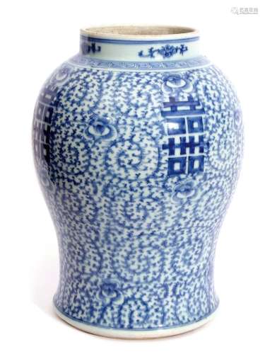 Qing dynasty temple jar, probably 19th century, with scrolling lotus and Buddhistic emblems, 36cm