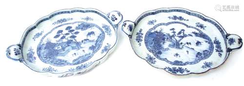 Unusual pair of 18th century Chinese export lobed serving dishes with porcelain handles, 18th