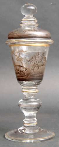 Bohemian Schwarzlot clear glass goblet and cover, the flared goblet painted with hunting scenes, the