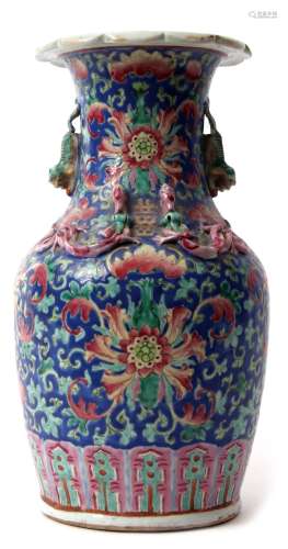 19th century Chinese porcelain vase, the blue ground with enamelled decoration of flowers and