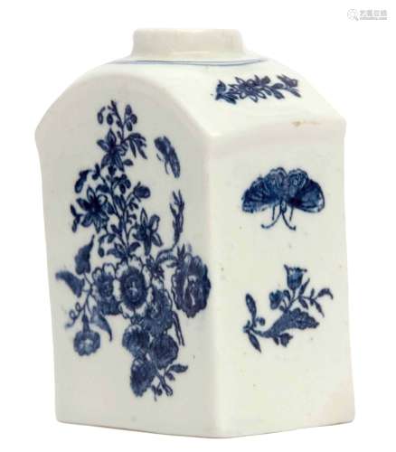 Lowestoft tea caddy decorated with prints of floral sprays after Worcester, 10cm high