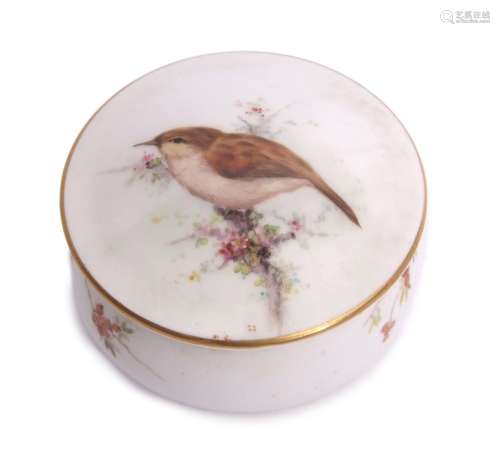 Royal Worcester circular box and cover, the cover finely decorated with a bird on a floral branch,