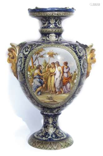 A monumental Italian Majolica vase probably Cantagalli or Urbino, the blue body with painted scrolls