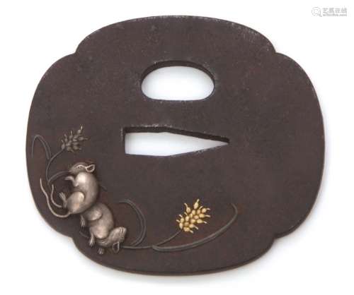 Japanese oval iron Tsuba decorated in silver and gilt with two rats and an ear of corn, 7cm diam
