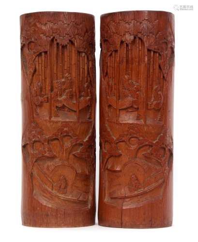 Pair of Chinese bamboo brush pots with typical carving of Chinese figures a various pursuits, 33cm