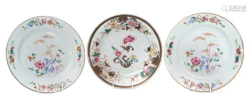 Group of three 18th century Chinese porcelain export plates all decorated in famille rose style with