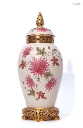 19th century Royal Worcester Grainger baluster vase on a reticulated gilt base, the blush ground