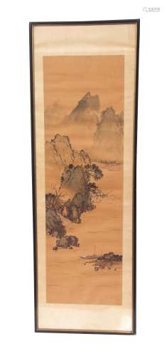 Japanese ink and watercolour of a landscape scene with a sampan in the foreground and village