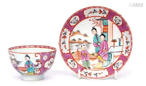 Lowestoft tea bowl and saucer circa 1770, with a chinoiserie design to the centre with a pink border