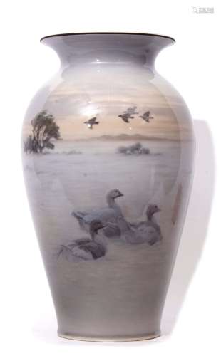 Large Royal Copenhagen baluster vase, painted by Gottfried Rode with a winter landscape of ducks