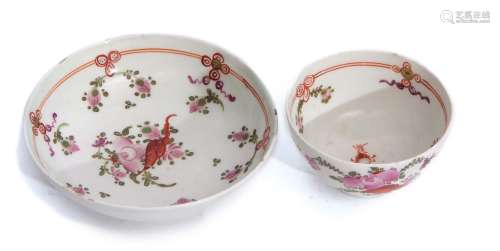 Lowestoft tea bowl and saucer circa 1780, decorated in Curtis style with a cornucopia and floral