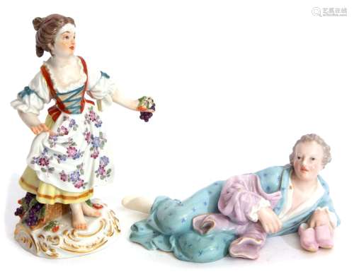 Late 19th century Meissen figure of a reclining lady in nightdress and holding slippers, crossed