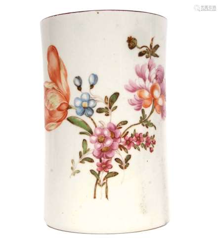 Fine Lowestoft cylindrical mug painted by the Tulip painter, circa 1775, with scroll handle