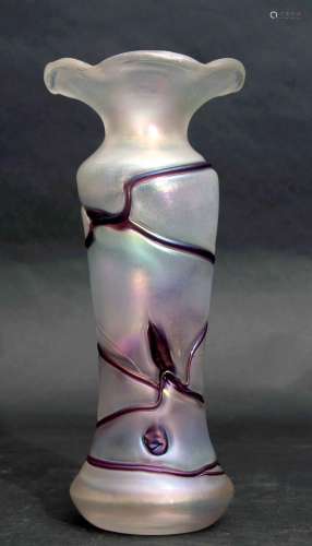 Frosted glass vase overlaid with a purple coloured trailing design in Art Nouveau style, 25cm high
