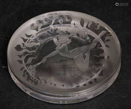 Lalique commemorative dish, possibly made for an Olympic event with a frosted design of a dancer