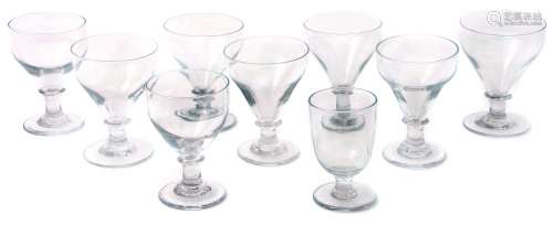 Group of nine late 18th/early 19th century glass rummers, eight with ogee shaped bowls above short