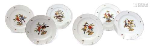 Group of six Meissen ornithological plates decorated to the centre with birds, with insects and