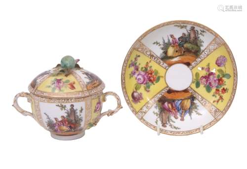 19th century Meissen style ecuelle cover and stand decorated with alternating panels of figures in a
