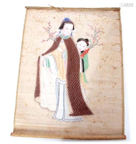 Chinese scroll watercolour finely painted with a lady and child in a garden setting, 44cm long,