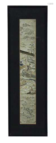 19th Century oriental embroidered panel on silk within wooden frame, embroidered with figures in a