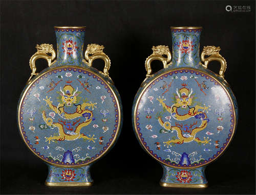 PAIR OF CHINESE CLOISONNE DRAGON MOONFLASK