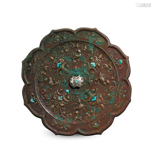 CHINESE TURQUOISE SILVER INLAID BRONZE FLOWER SHAPED MIRROR HAN DYNASTY