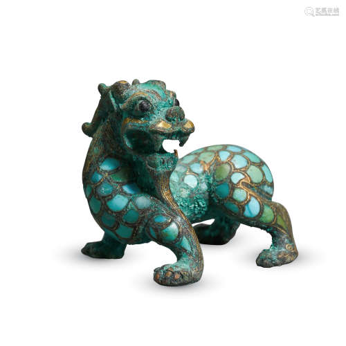 CHINESE TURQUOISE INLAID BRONZE BEAST HAN DYNASTY