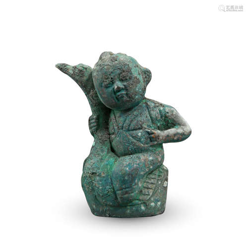 CHINESE BRONZE BOY WITH GOOSE LIAO DYNASTY