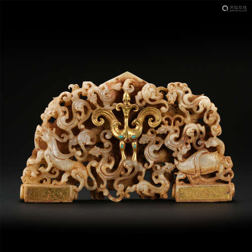 CHINESE GILT NEPHRITE JADE CARVED DRAGON TABLE ITEM