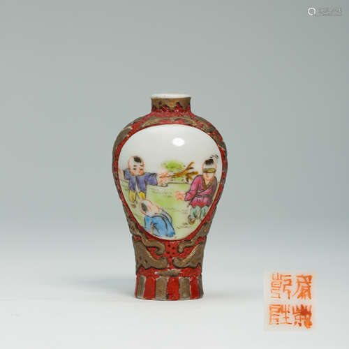 CHINESE PORCELAIN RED GLAZE FAMILLE ROSE BOY PLAYING VASE