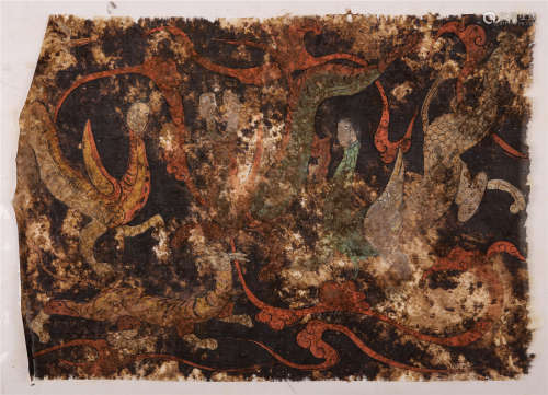 CHINESE CLOTH PAINTING OF MEN WITH BEAST HAN DYNASTY