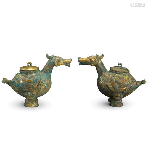 PAIR OF CHINESE GILT BRONZE BIRD INCENSE CAGES HAN DYNASTY