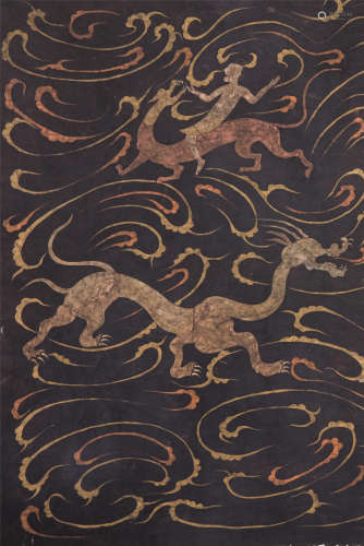 CHINESE CLOTH PAINTING OF DRAGON AND MAN HAN DYNASTY