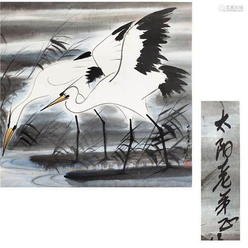 CHINESE SCROLL PAINTING OF CRANE BY RIVER