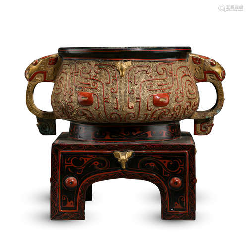 CHINESE LACQUER BRONE HANDLED ROUND CENSER WITH STAND HAN DYNASTY