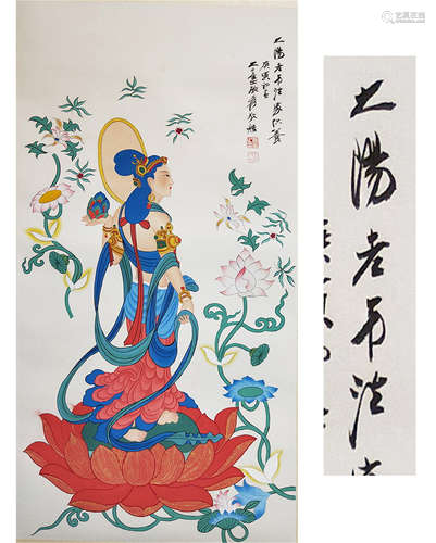 CHINESE SCROLL PAINTING OF STANDING GUANYIN WITH LOTUS