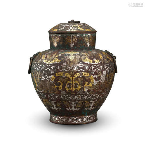 CHINESE SILVER GOLD INLAID BRONZE LIDDED VASE HAN DYNASTY