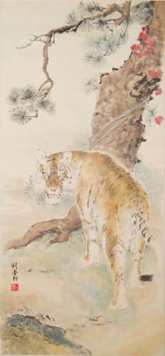 CHINESE SCROLL PAINTING OF TIGER UNDER TREE
